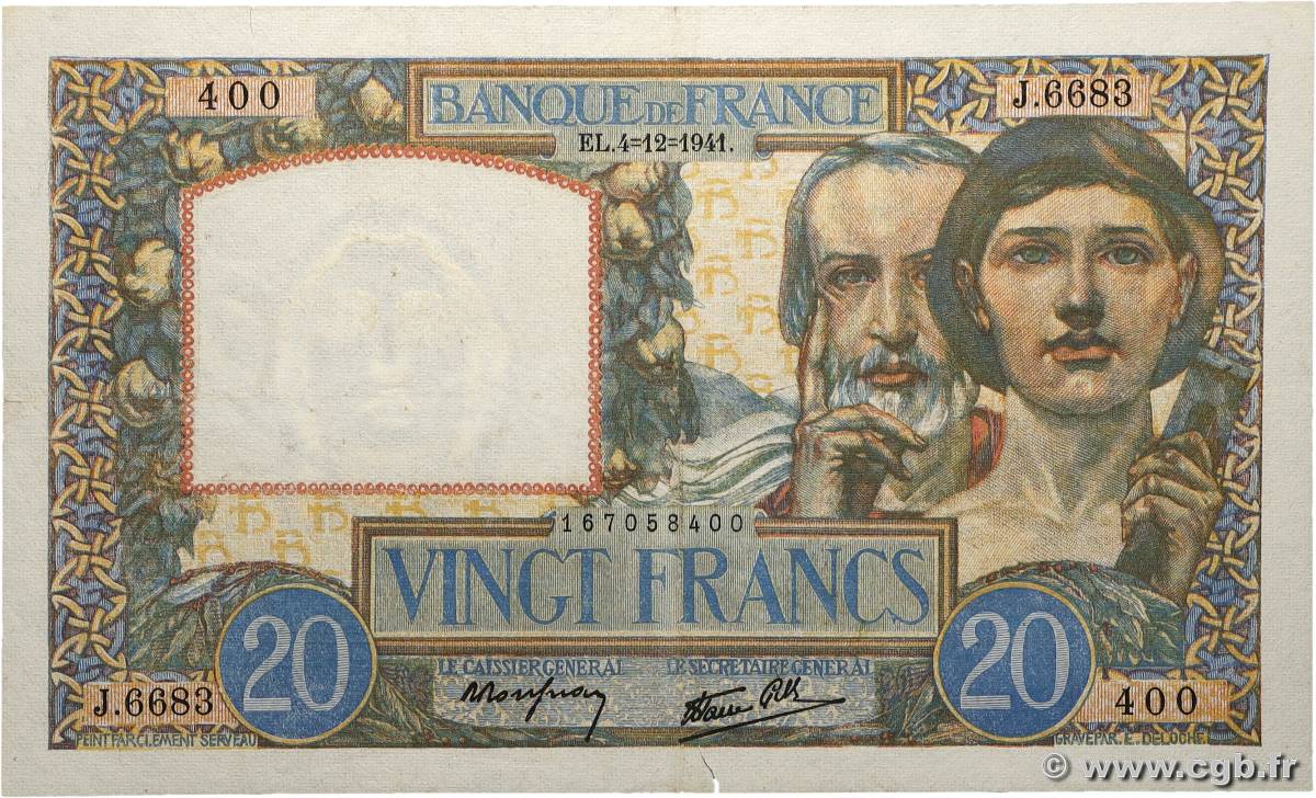 20 Francs TRAVAIL ET SCIENCE FRANCE 1941 F.12.20 TTB
