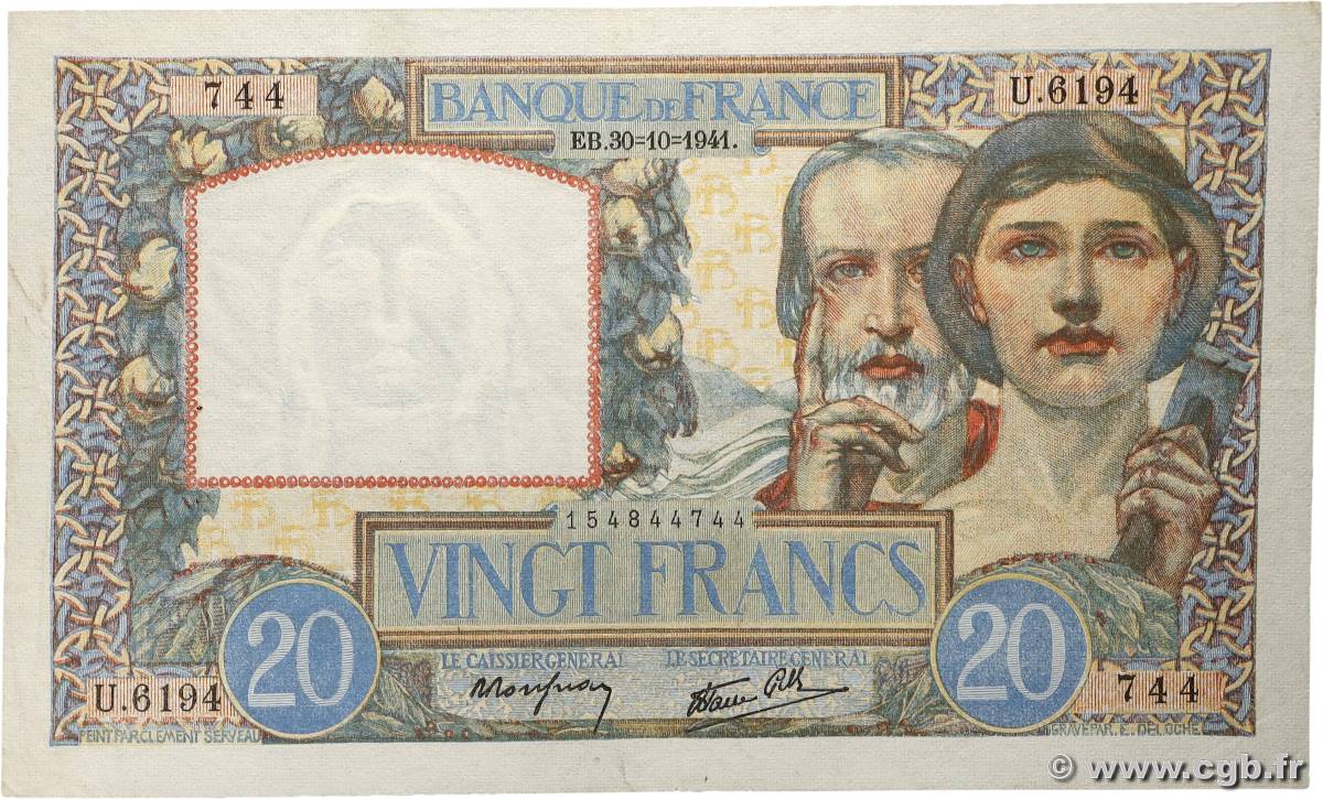 20 Francs TRAVAIL ET SCIENCE FRANCE 1941 F.12.19 TTB+