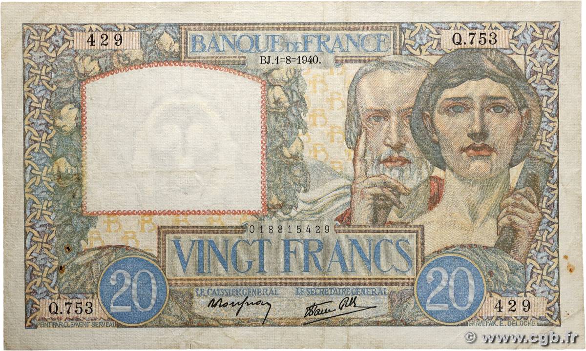 20 Francs TRAVAIL ET SCIENCE FRANCE 1940 F.12.05 TB