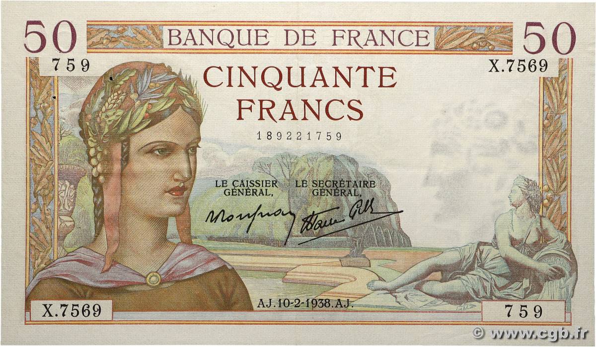 50 Francs CÉRÈS modifié FRANKREICH 1938 F.18.08 SS