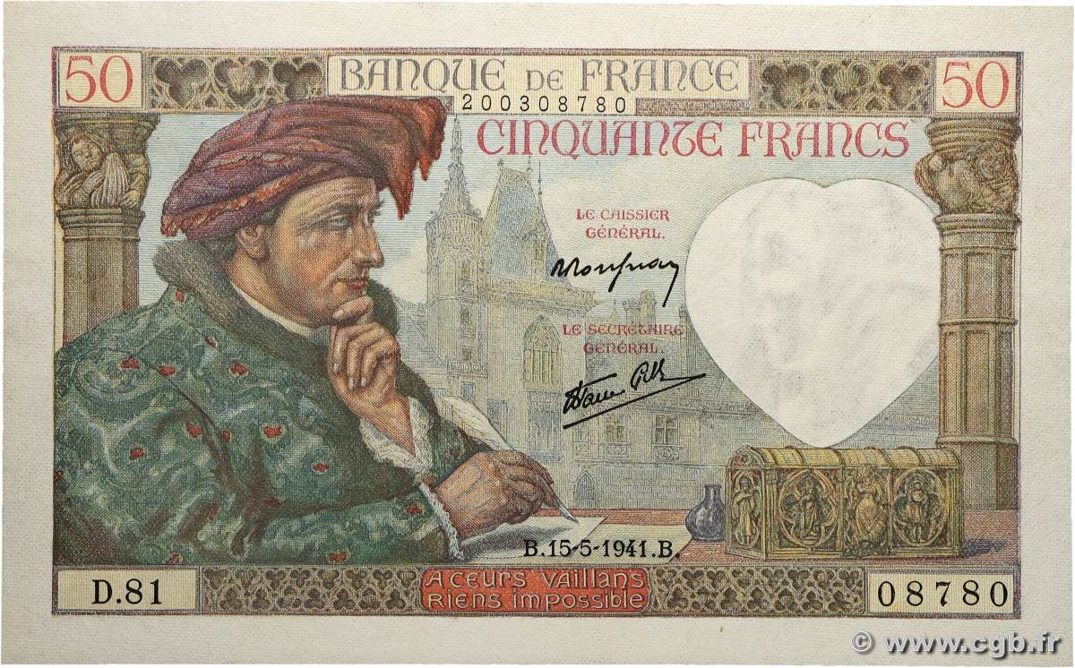 50 Francs JACQUES CŒUR Numéro radar FRANCE 1941 F.19.11 AU+