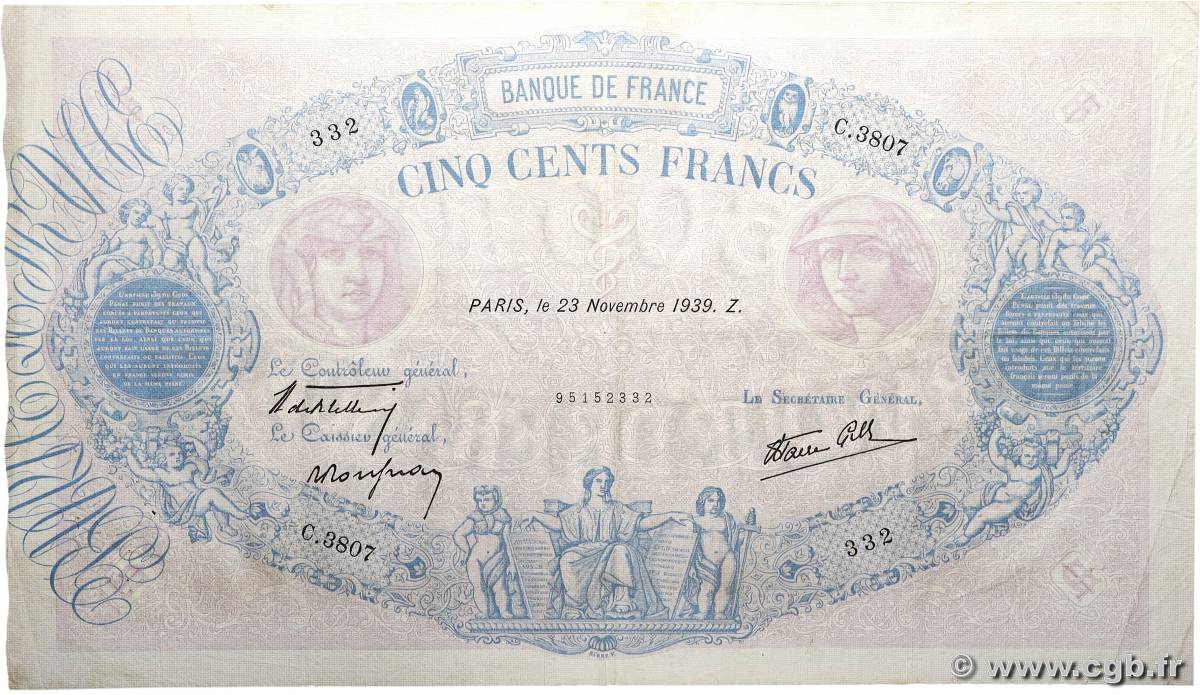 500 Francs BLEU ET ROSE modifié FRANKREICH 1939 F.31.49 fSS