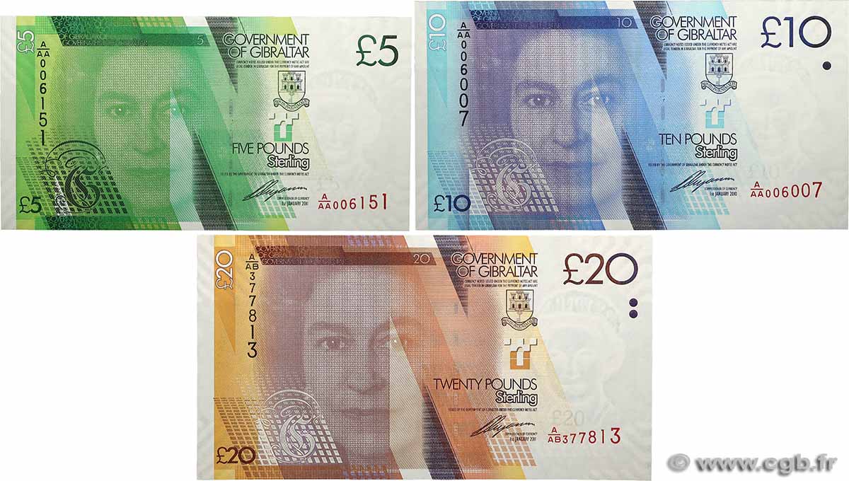5, 10 et 20 Pounds Sterling Lot GIBRALTAR 2010 P.35, P.36a et P.37 pr.NEUF