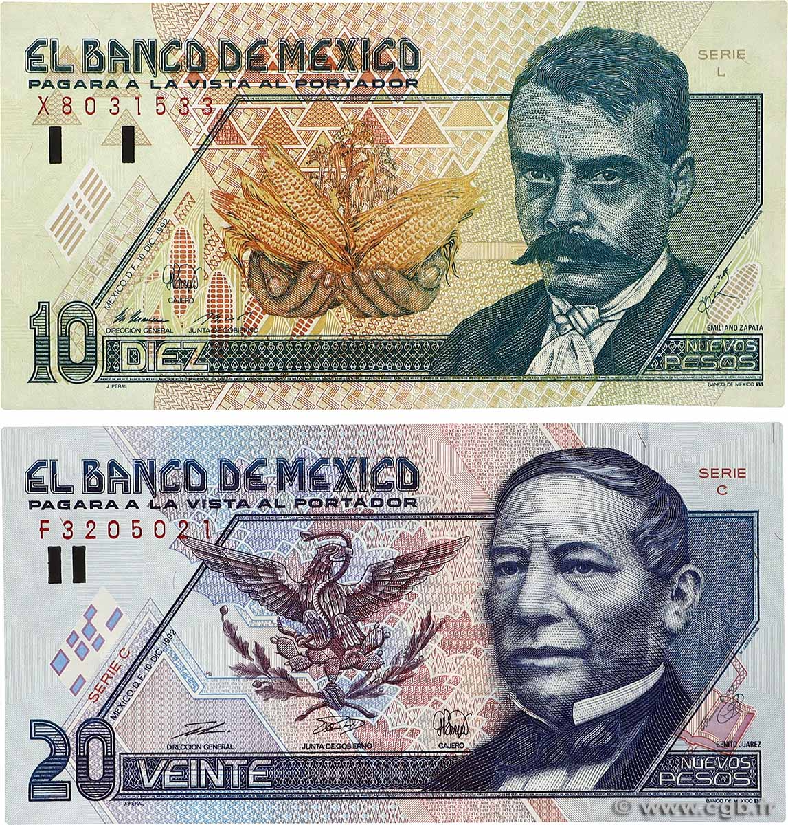 10 et 20 Nuevos Pesos Lot MEXICO 1992 P.099 et P.100 XF