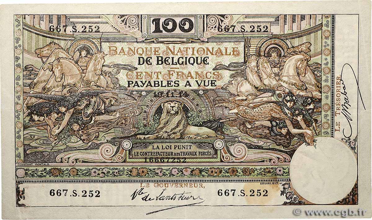 100 Francs BELGIEN 1914 P.071 fVZ