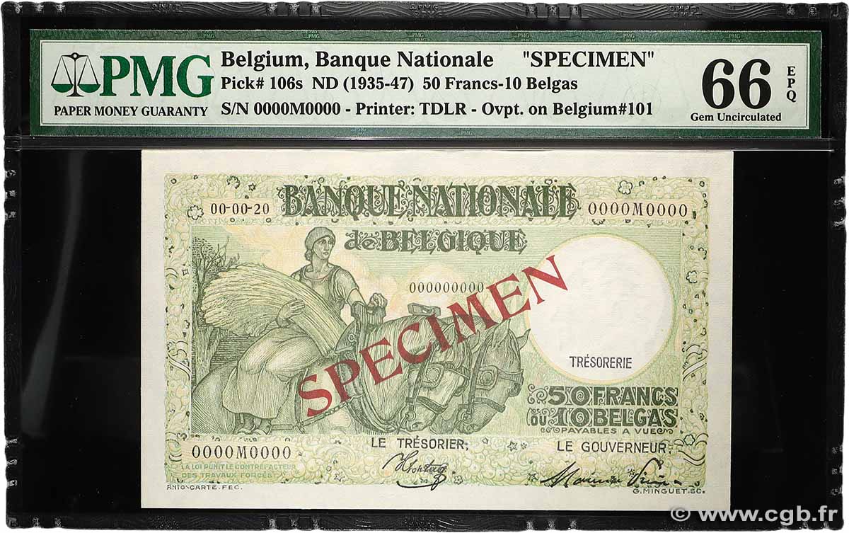 50 Francs - 10 Belgas Spécimen BELGIEN 1935 P.106s ST