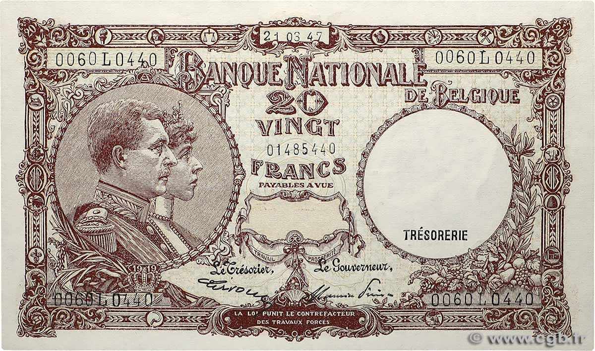 20 Francs BELGIEN 1947 P.111 fST+
