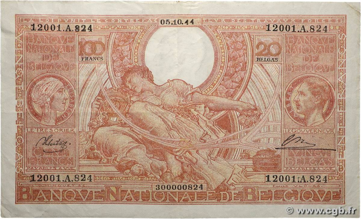 100 Francs - 20 Belgas BELGIQUE 1944 P.113 pr.TTB