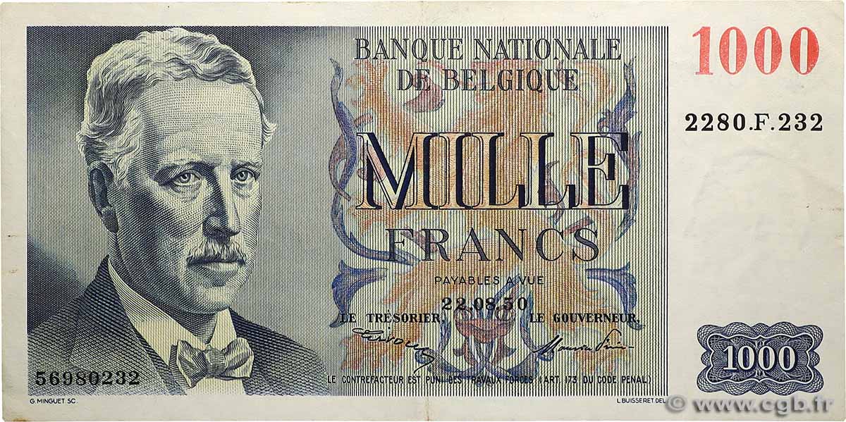 1000 Francs BELGIEN 1950 P.131 fVZ