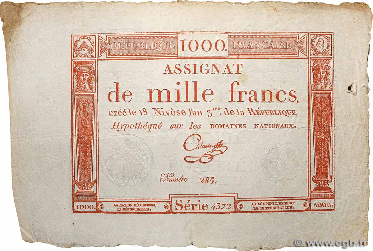 1000 Francs FRANCE 1795 Ass.50a VF