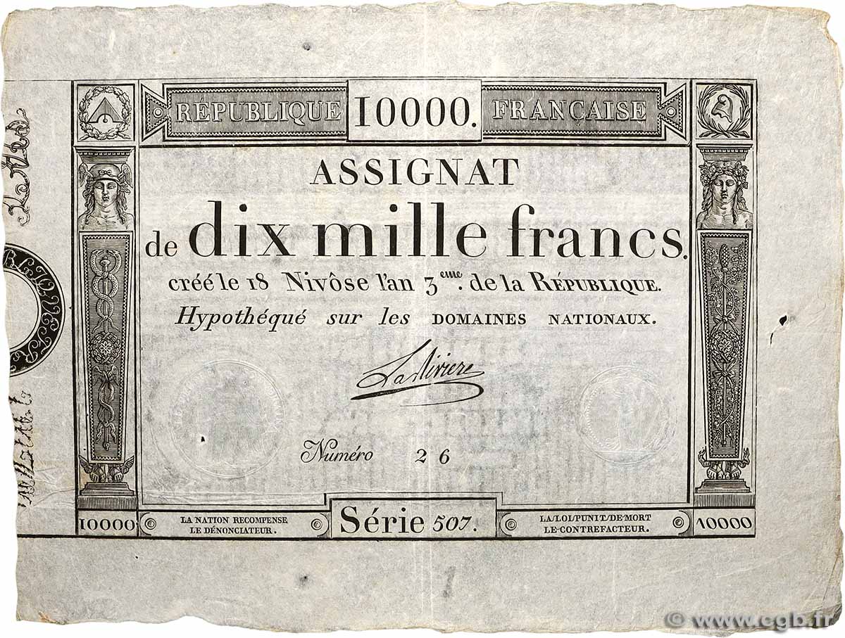 10000 Francs FRANCE 1795 Ass.52a VF+