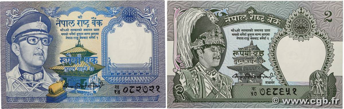 1 et 2 Rupees Lot NÉPAL 1974 P.22 et P.29b NEUF