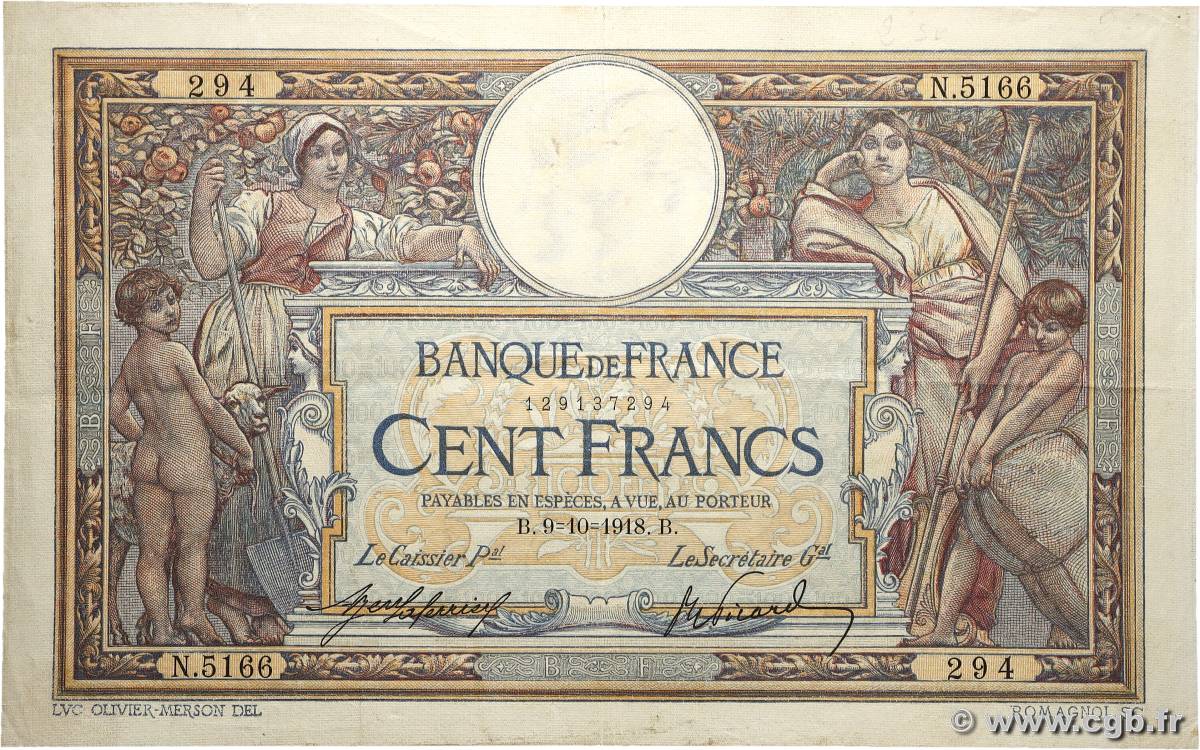 100 Francs LUC OLIVIER MERSON sans LOM FRANCE 1918 F.23.10 TTB+