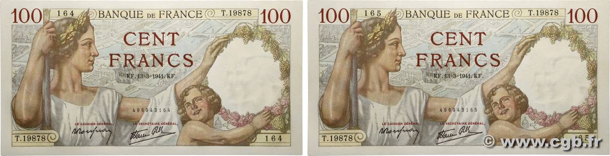 100 Francs SULLY Consécutifs FRANCE 1941 F.26.48 NEUF