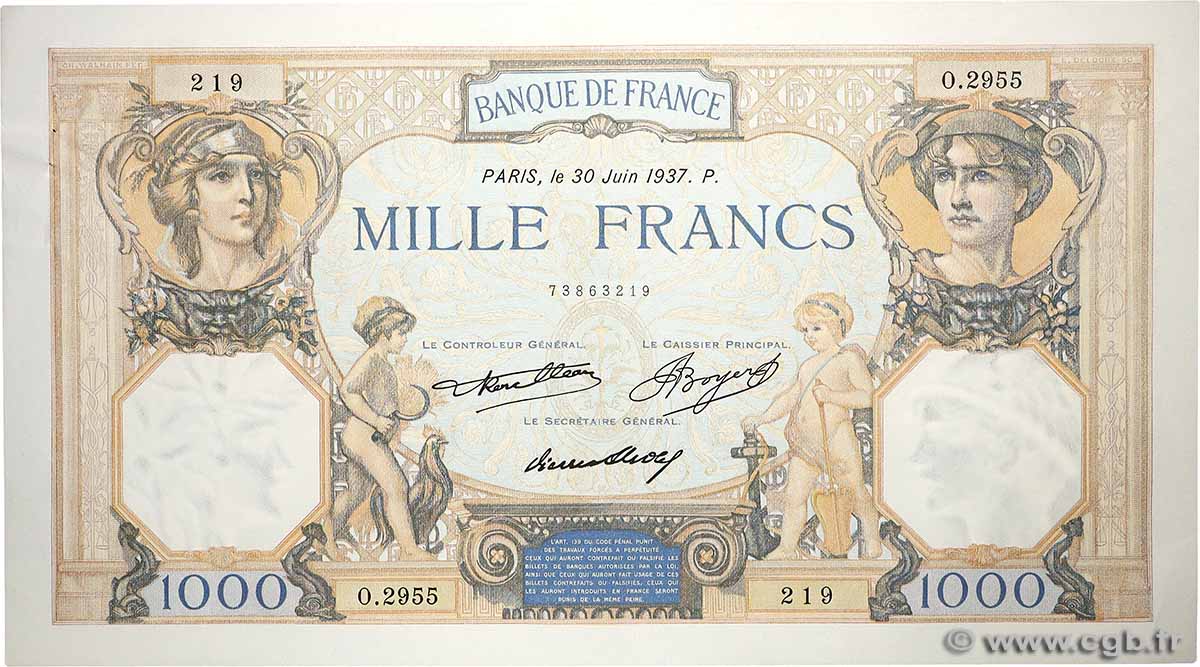 1000 Francs CÉRÈS ET MERCURE FRANCE 1937 F.37.10 SPL