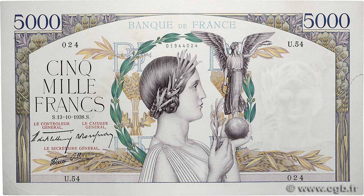 5000 Francs VICTOIRE modifié, taille douce FRANCE 1938 F.45.01 XF-