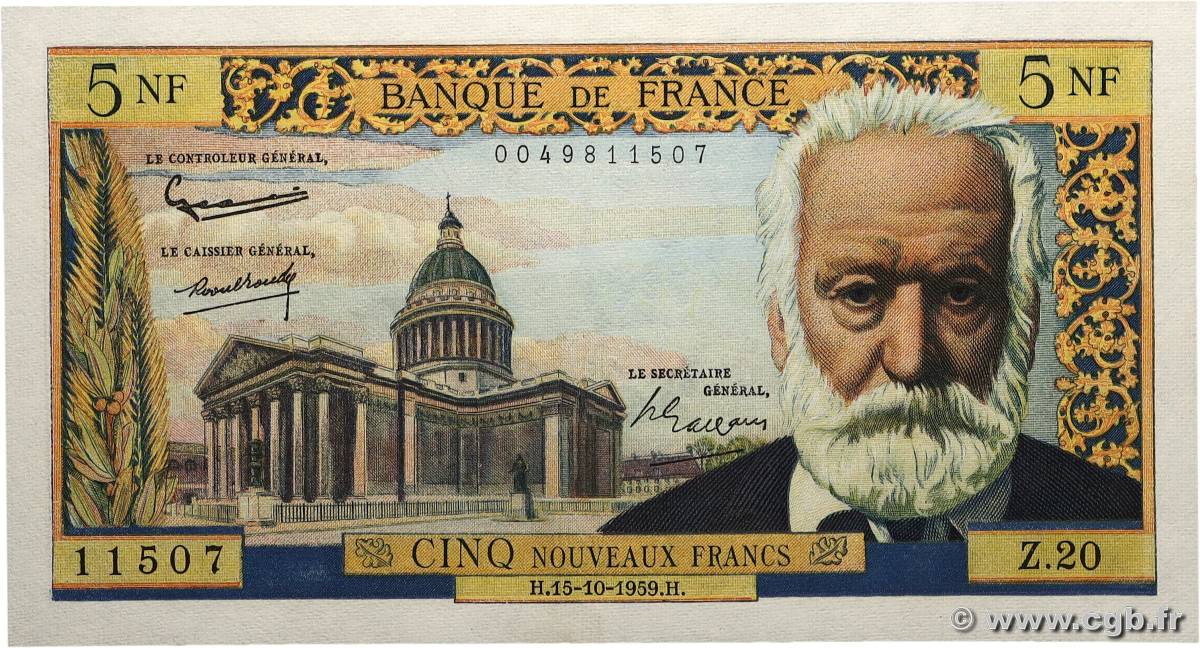 5 Nouveaux Francs VICTOR HUGO FRANCE 1959 F.56.03 SPL+