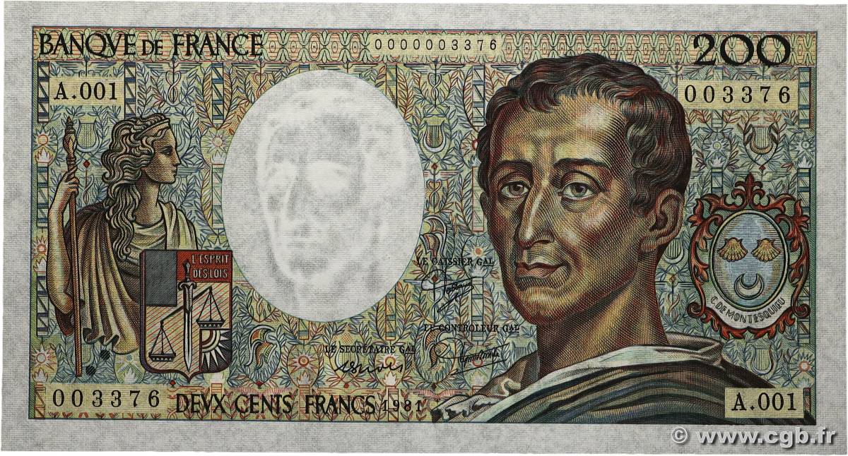 200 Francs MONTESQUIEU Petit numéro FRANKREICH 1981 F.70.01A1 ST