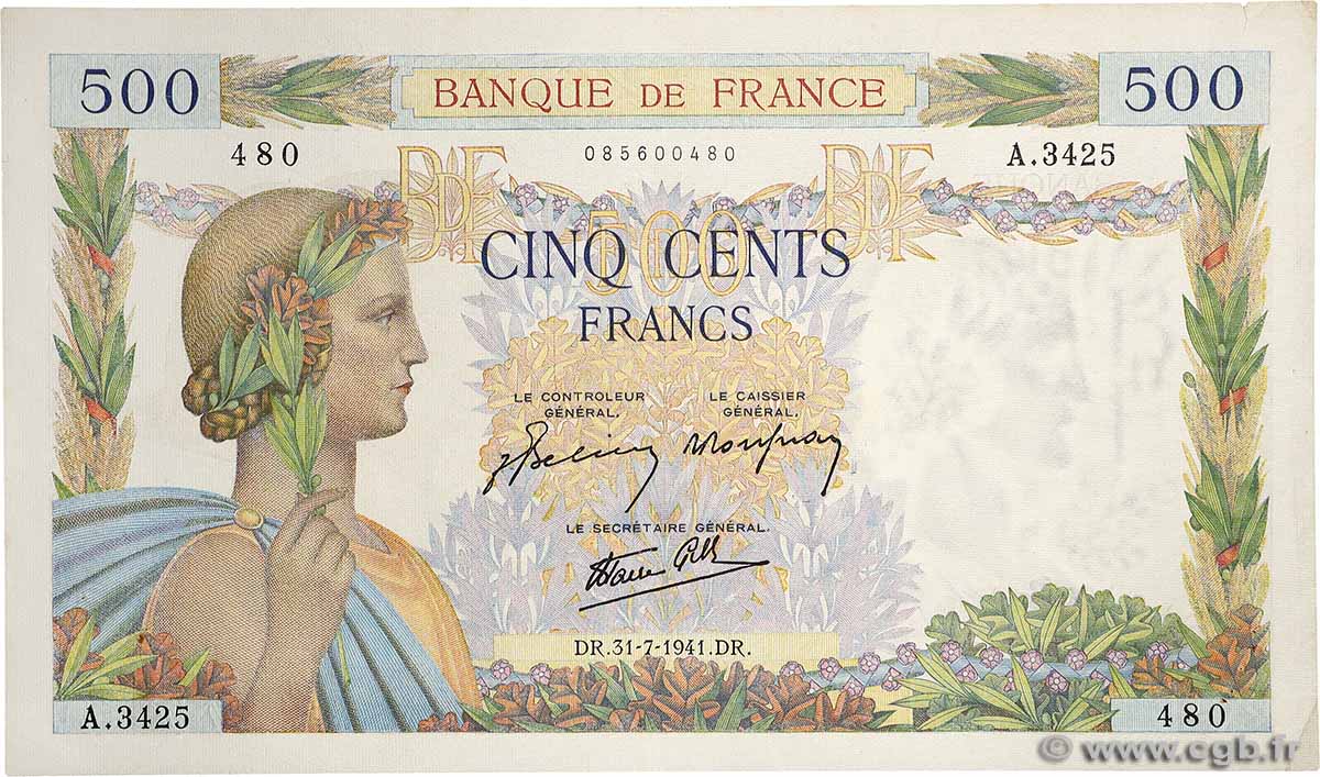 500 Francs LA PAIX FRANCE 1941 F.32.20 VF+
