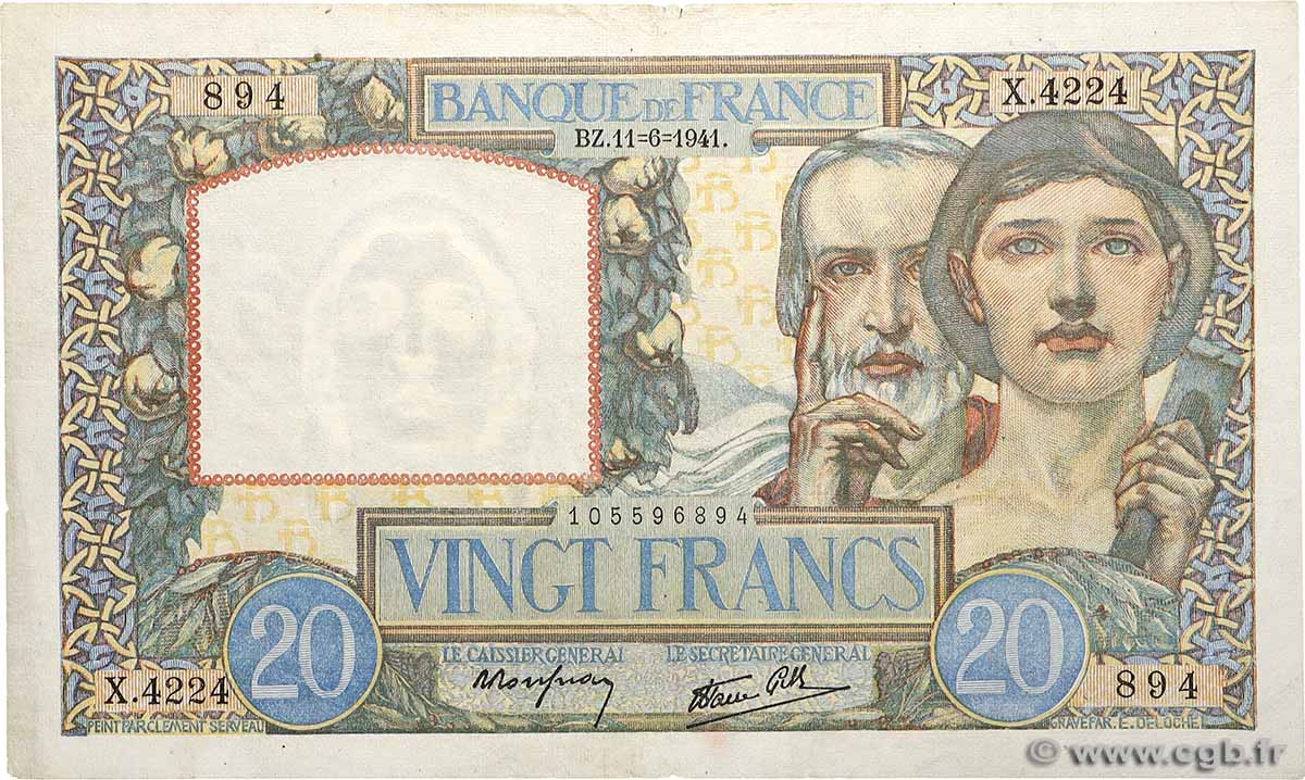 20 Francs TRAVAIL ET SCIENCE FRANCE 1941 F.12.15 F