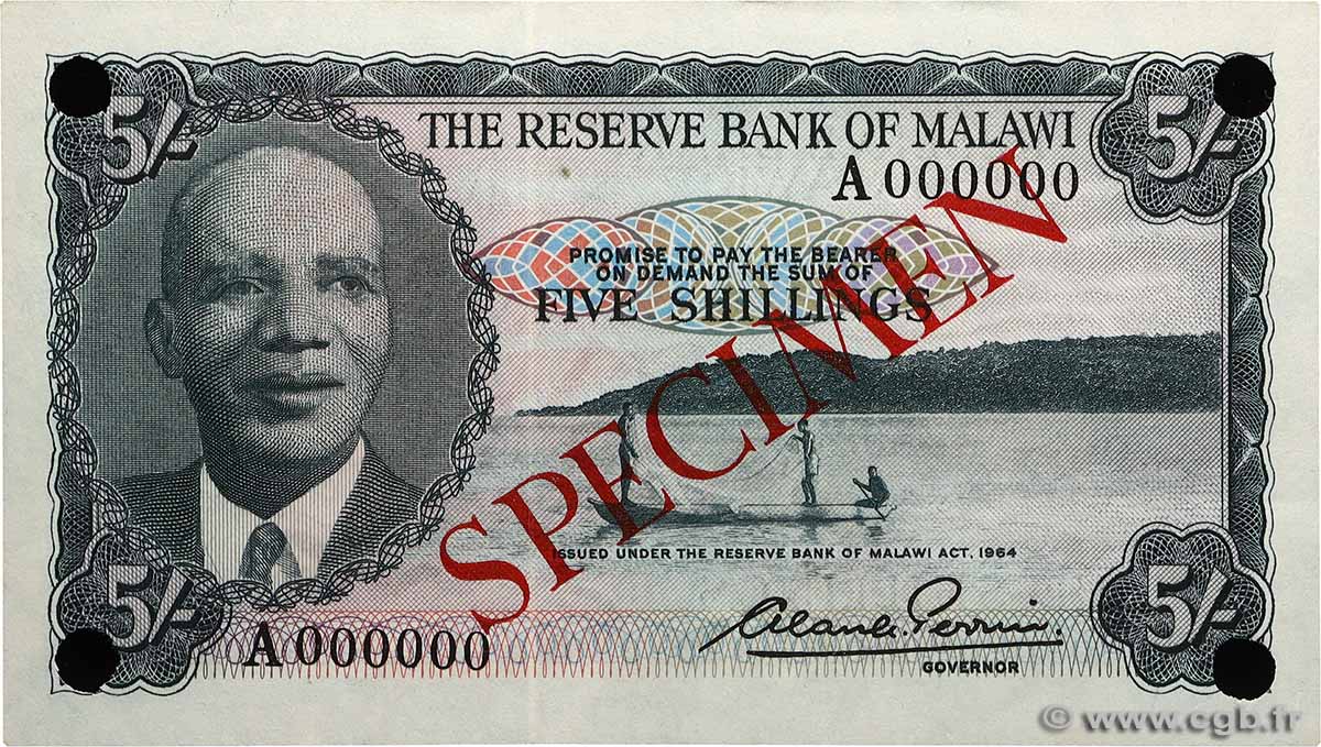 5 Shillings Spécimen MALAWI 1964 P.01s AU+