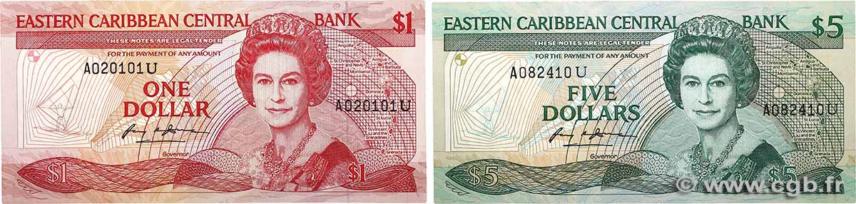 1 et 5 Dollars Lot EAST CARIBBEAN STATES 1988 P.21u et P.22u fST+