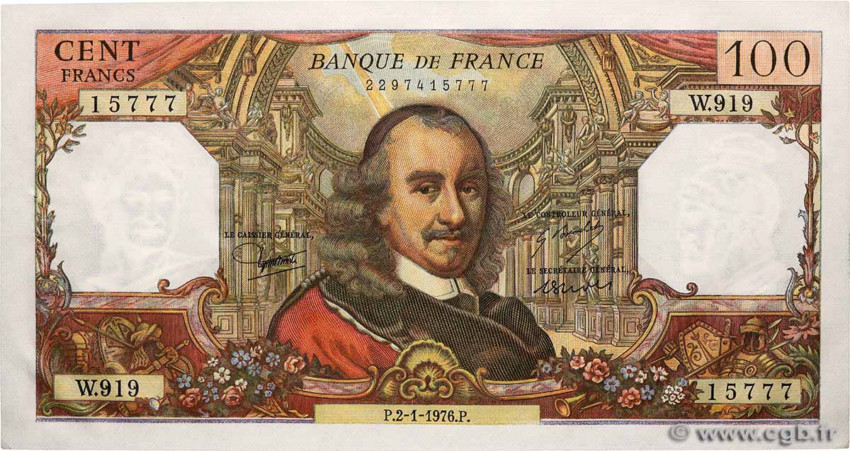 100 Francs CORNEILLE FRANKREICH 1976 F.65.51 fST