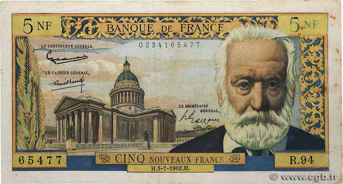 5 Nouveaux Francs VICTOR HUGO FRANCE 1962 F.56.12 B+