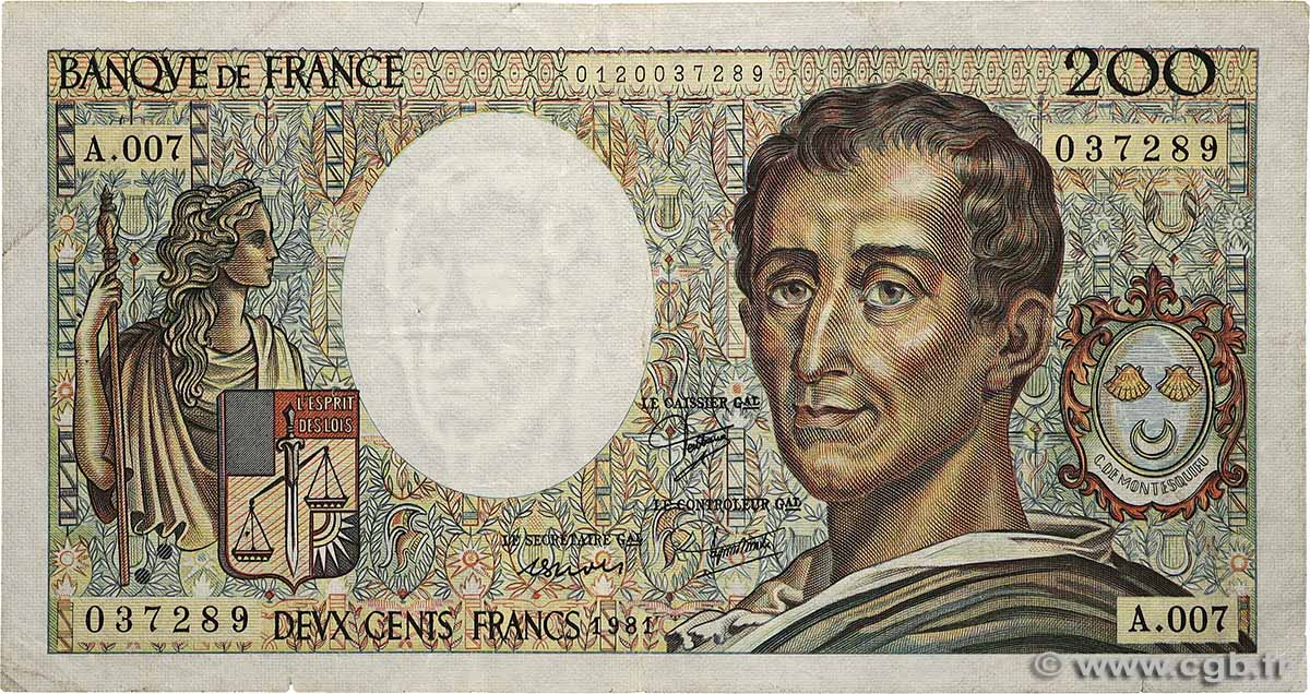 200 Francs MONTESQUIEU FRANCIA 1981 F.70.01 MB