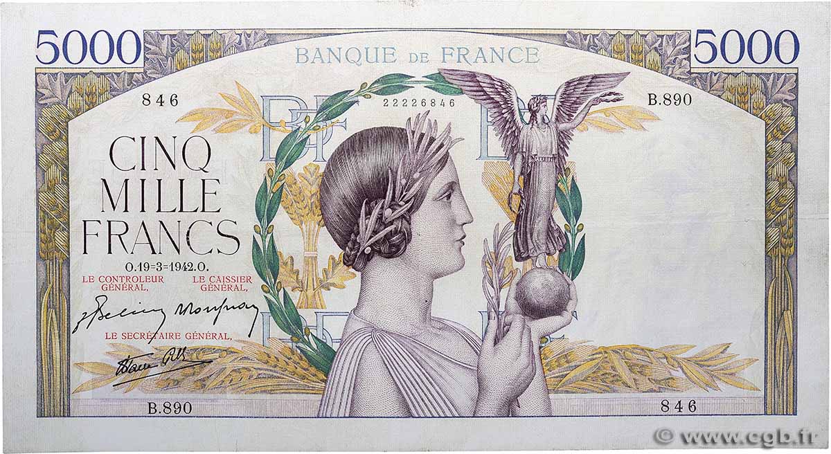 5000 Francs VICTOIRE Impression à plat FRANCE 1942 F.46.35 TTB