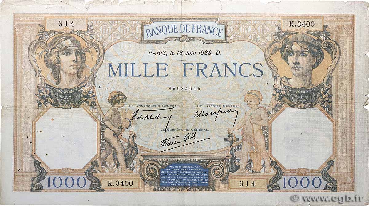 1000 Francs CÉRÈS ET MERCURE type modifié FRANCE 1938 F.38.19 G
