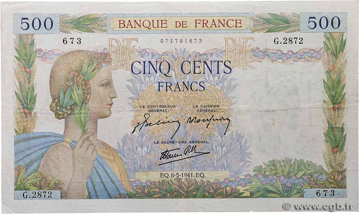 500 Francs LA PAIX FRANCE 1941 F.32.16 pr.TTB