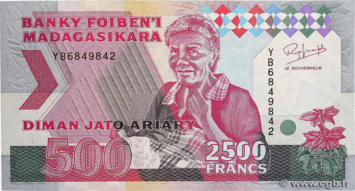 2500 Francs - 500 Ariary MADAGASCAR 1993 P.072Aa SPL+
