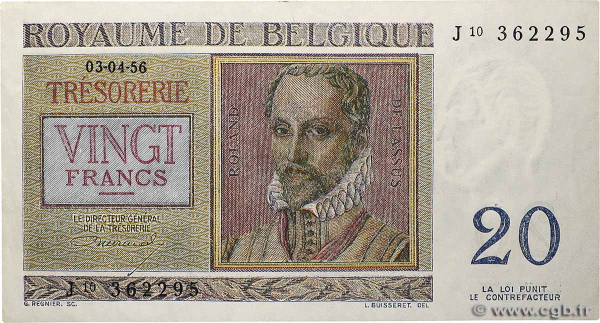 20 Francs BELGIQUE 1956 P.132b SUP