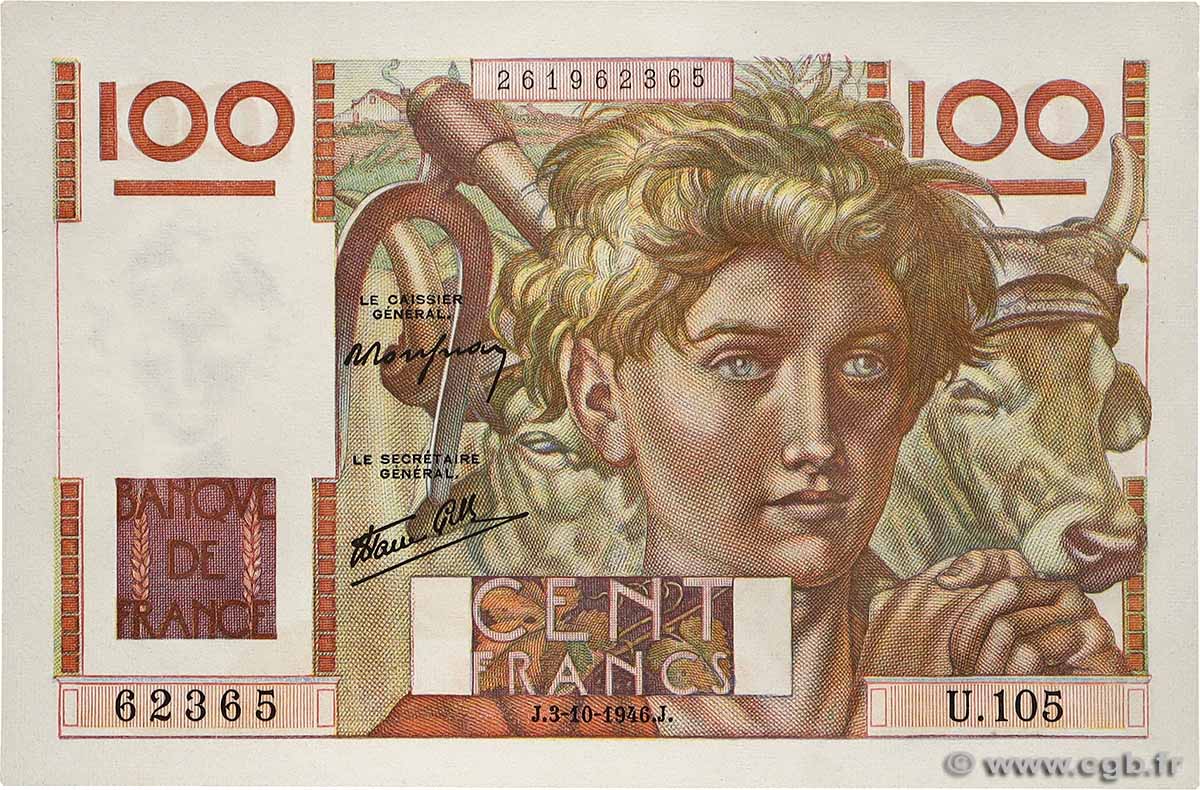 100 Francs JEUNE PAYSAN FRANCE 1946 F.28.09 UNC-
