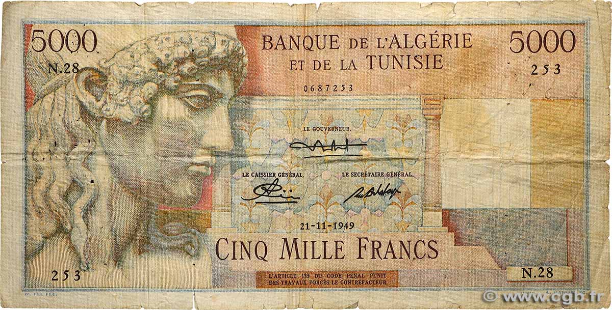 5000 Francs TúNEZ 1949 P.27 RC+