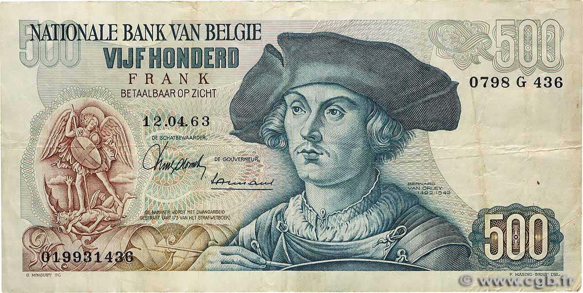 500 Francs BELGIQUE 1963 P.135a TB