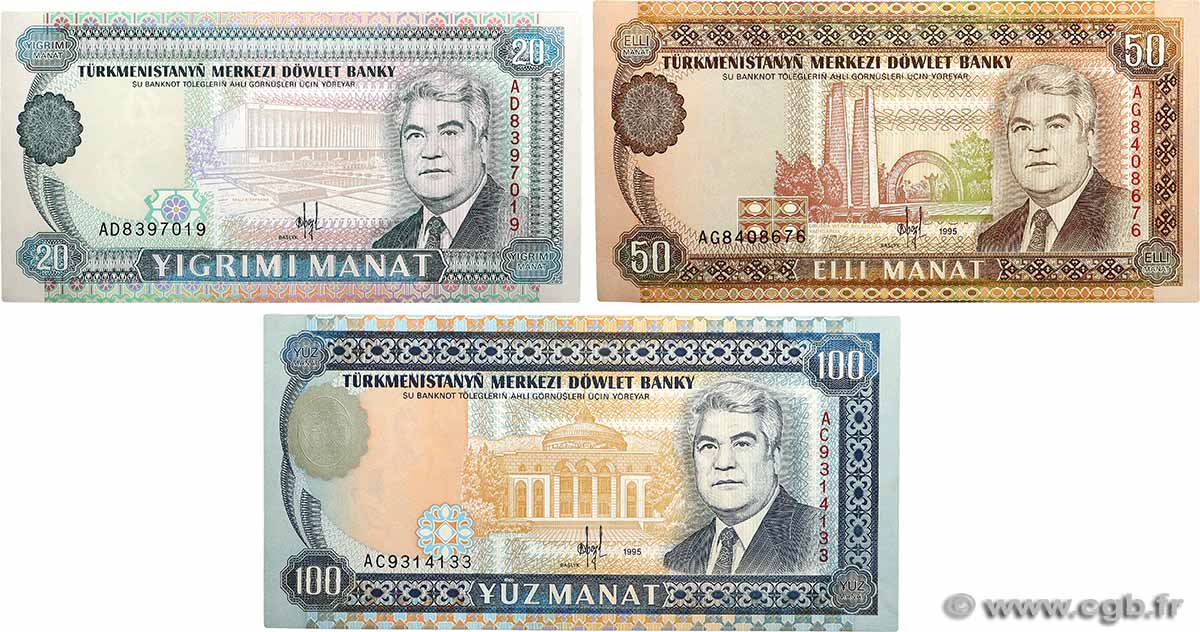20, 50 et 100 Manat Lot TURKMÉNISTAN 1993 P.04a, P.05b et P.06b pr.NEUF