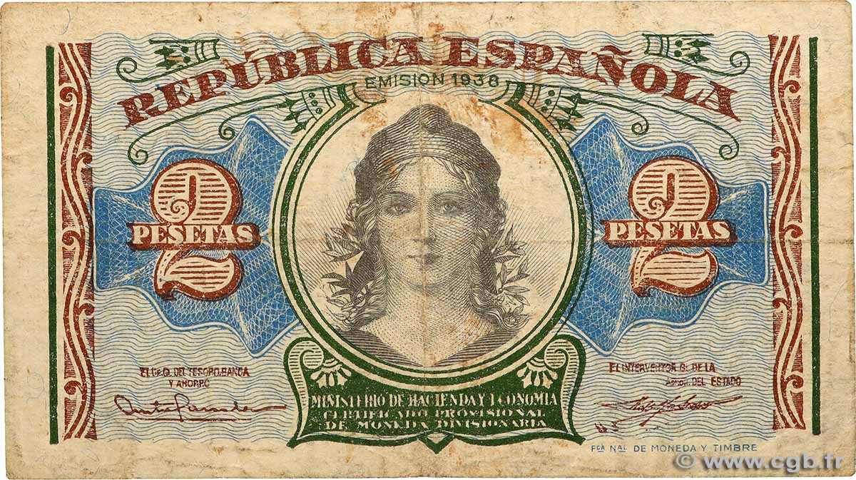 2 Pesetas SPAIN 1938 P.095 G