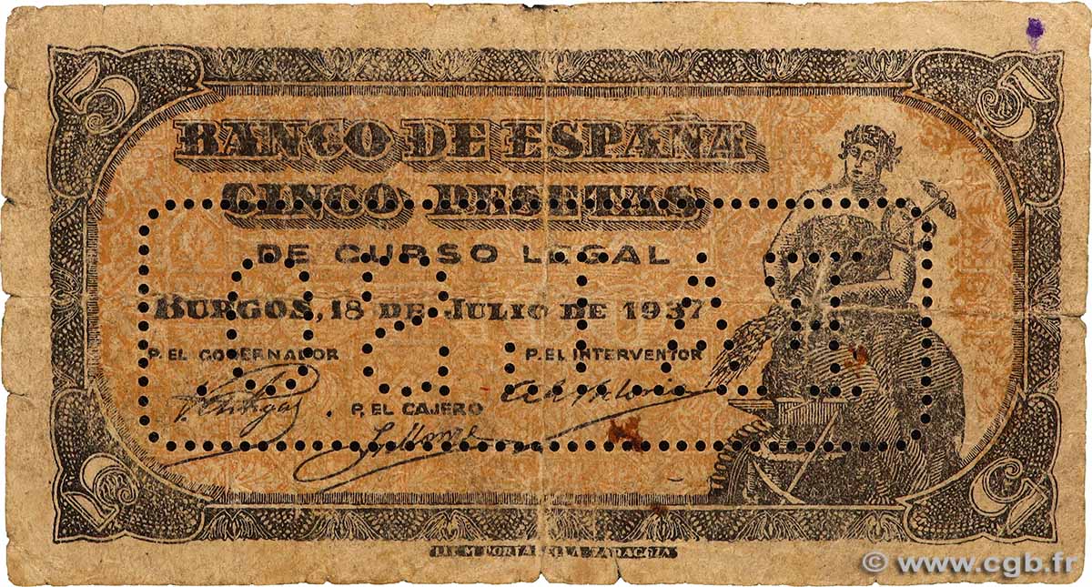 5 Pesetas SPAIN 1937 P.106a G