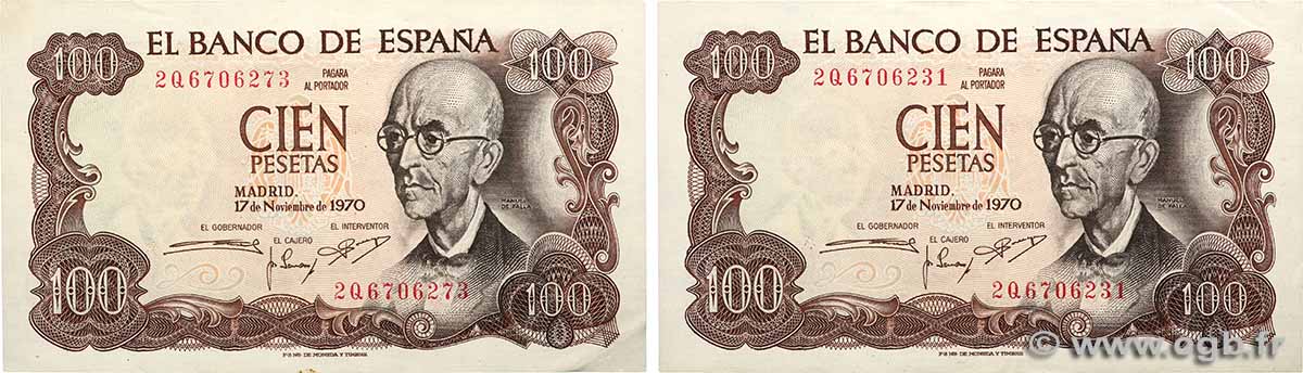 100 Pesetas Lot SPAIN 1970 P.152a XF