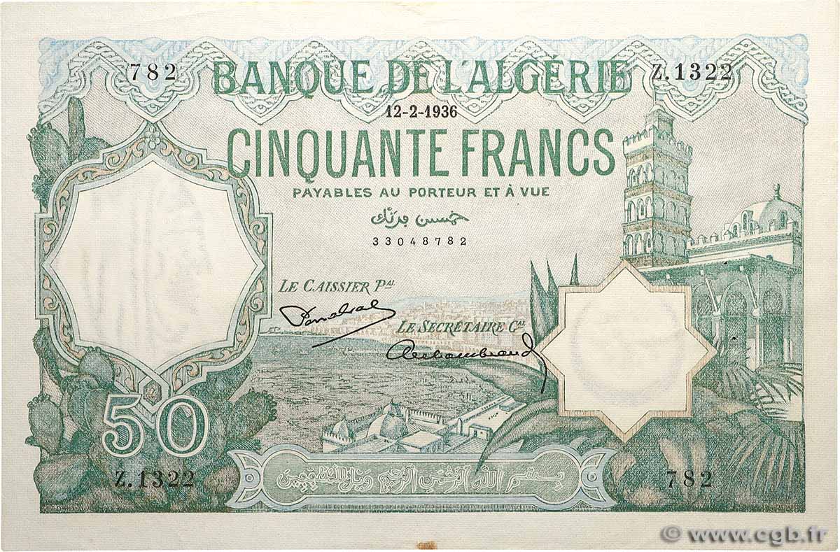 50 Francs ALGERIEN 1936 P.080a VZ