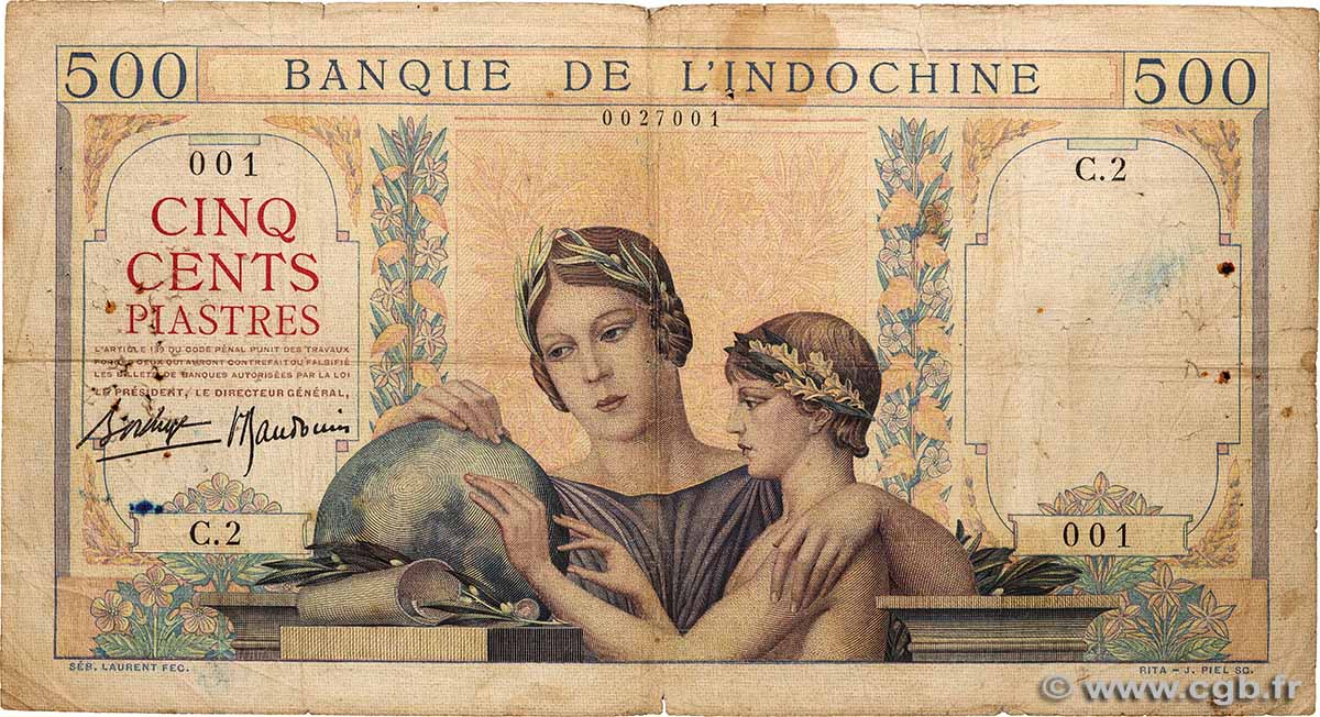 500 Piastres FRANZÖSISCHE-INDOCHINA 1939 P.057 fS