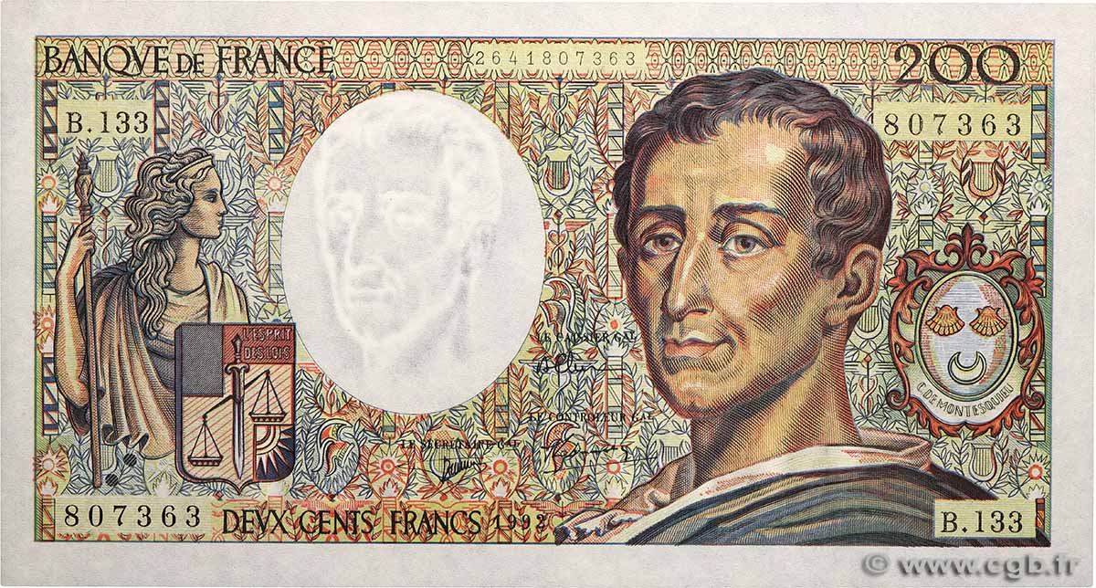 200 Francs MONTESQUIEU FRANKREICH 1992 F.70.12c fST+