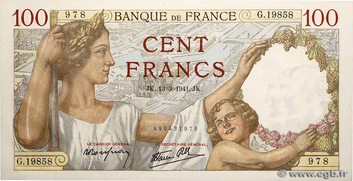 100 Francs SULLY FRANKREICH 1941 F.26.48 fST+