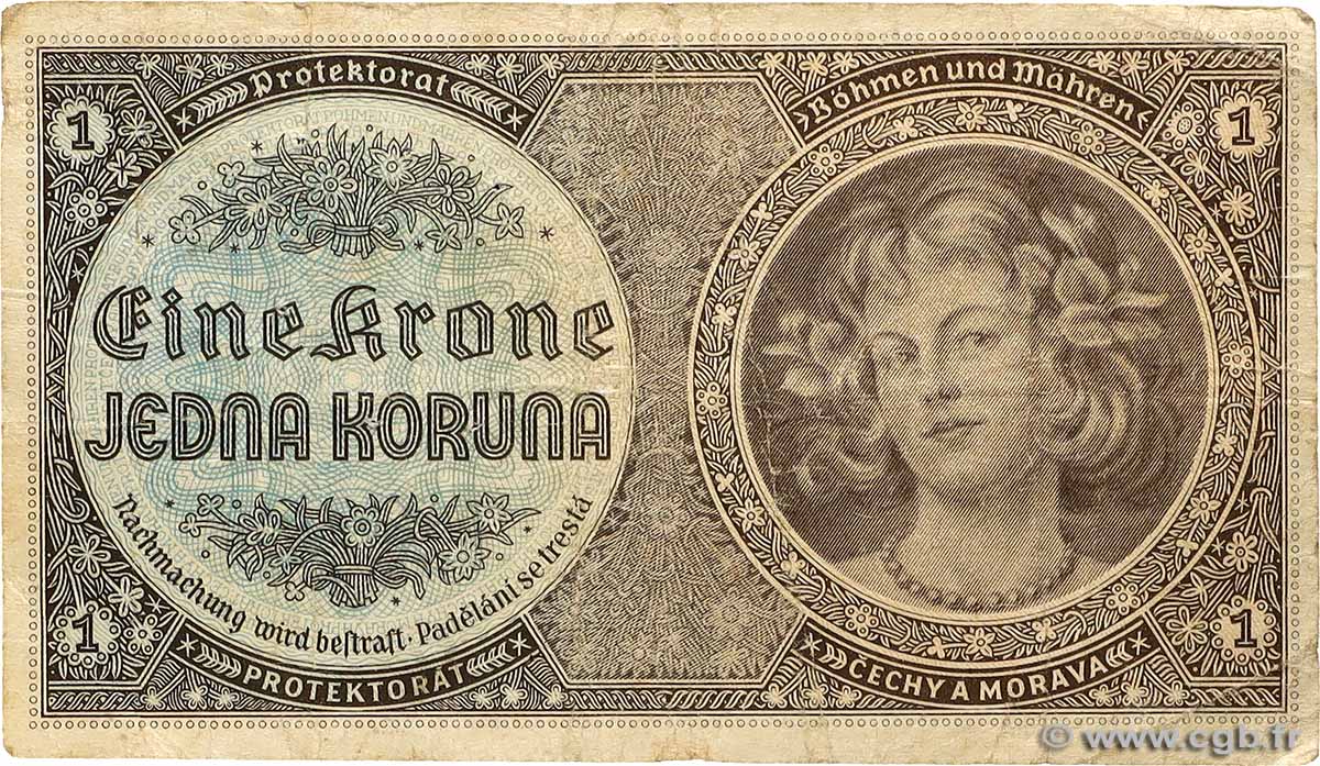 1 Koruna BOHEMIA & MORAVIA 1940 P.03a F