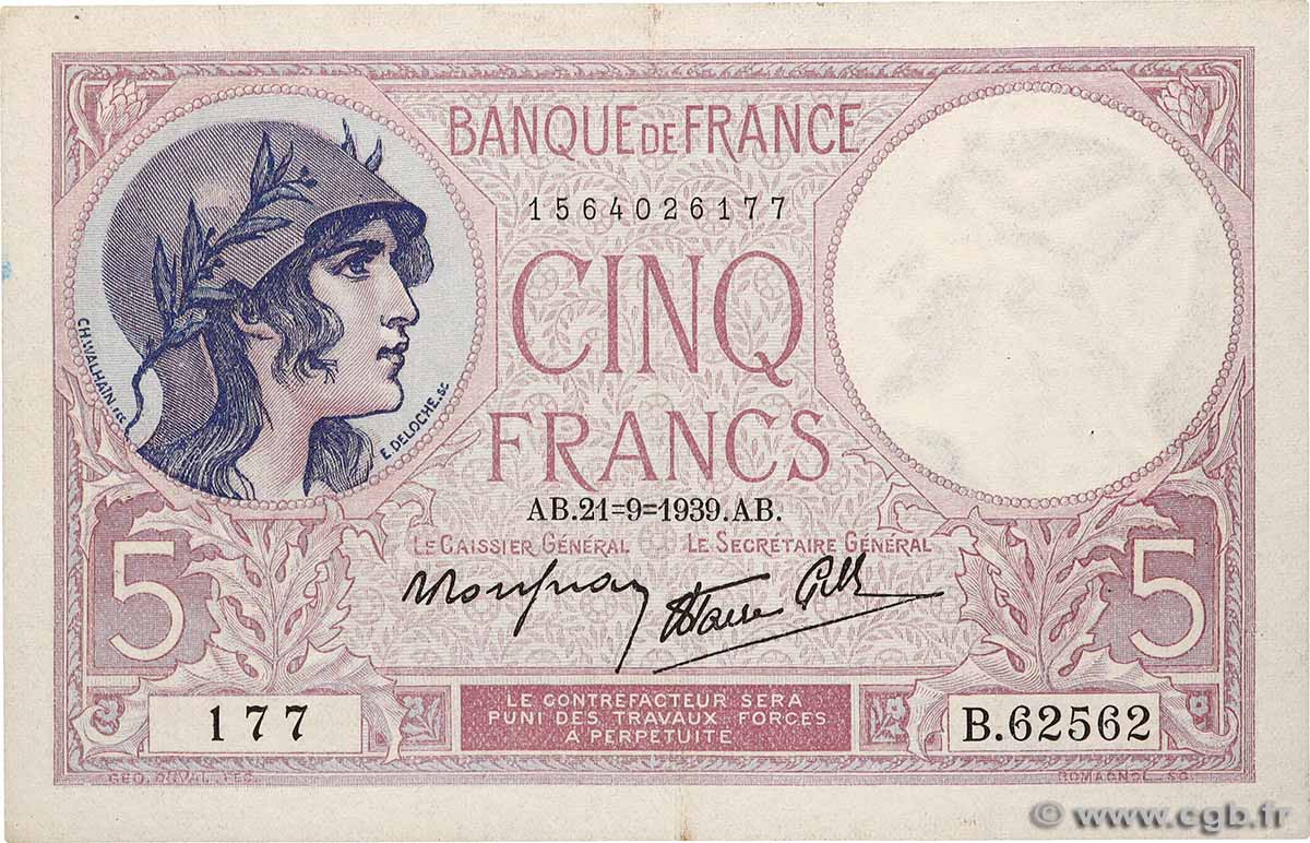 5 Francs FEMME CASQUÉE modifié FRANKREICH 1939 F.04.09 VZ
