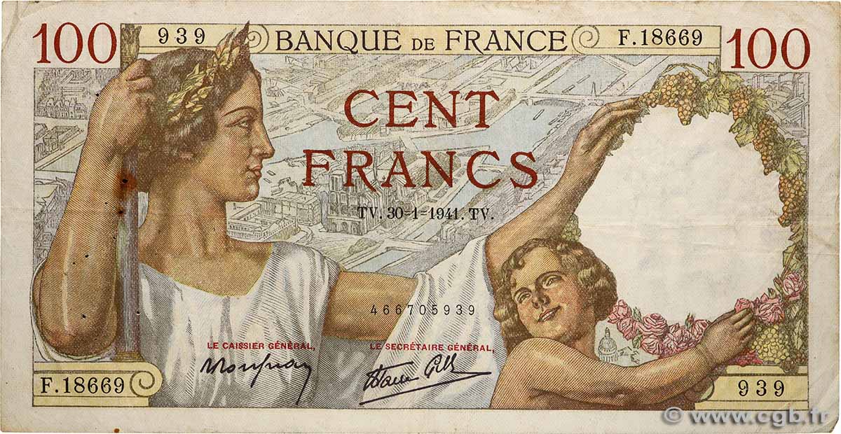 100 Francs SULLY FRANKREICH 1941 F.26.45 S