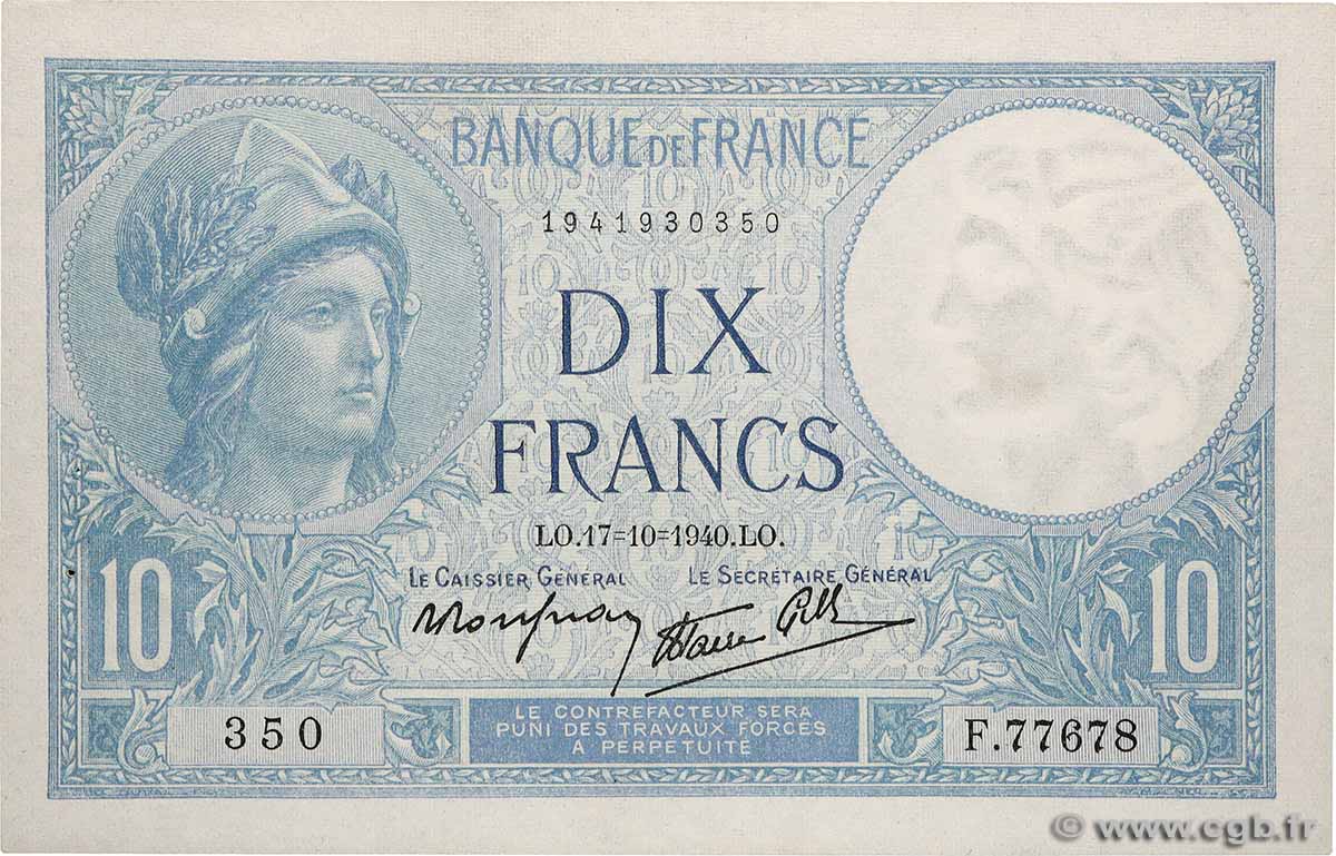10 Francs MINERVE modifié FRANKREICH 1940 F.07.17 VZ+