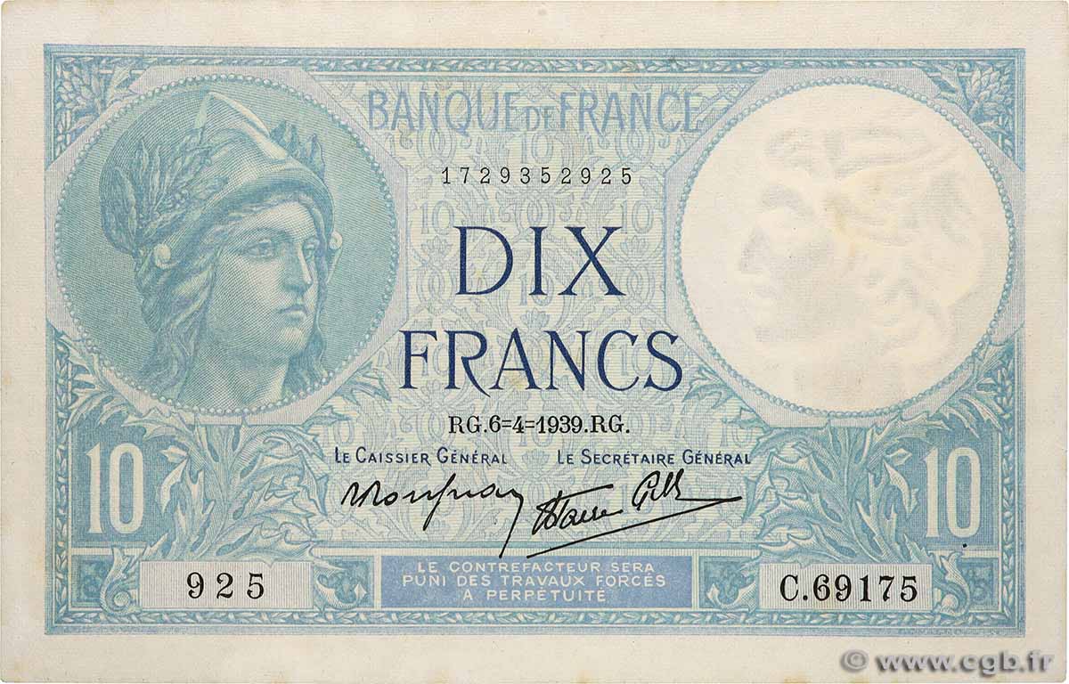 10 Francs MINERVE modifié FRANKREICH 1939 F.07.02 fST